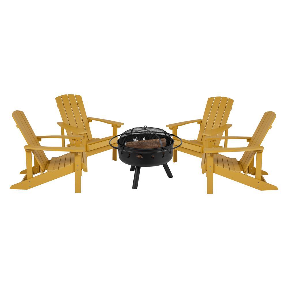 5 Piece Charlestown Yellow Poly Resin Wood Adirondack Chair Set With Fire Pit - Star And Moon Fire Pit With Mesh Cover