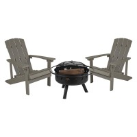 3 Piece Charlestown Gray Poly Resin Wood Adirondack Chair Set with Fire Pit Star and Moon Fire Pit with Mesh Cover