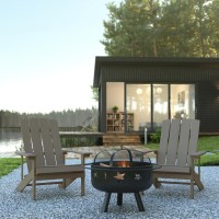 3 Piece Charlestown Gray Poly Resin Wood Adirondack Chair Set with Fire Pit Star and Moon Fire Pit with Mesh Cover