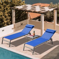 Domi Patio Chaise Lounge Set, Aluminum Pool Lounge Chairs With 5 Adjustable Position, Breathable Textilene Fabric, Sunbathing Pool Chairs With Headrest And Side Table, Blue