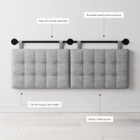 Nathan James Remi Queen Size Grey Button Tufted Wall Mount Headboard, Padded Upholstered Fabric Panels, Adjustable Height Straps With Black Matte Metal Rail, Grey/Black