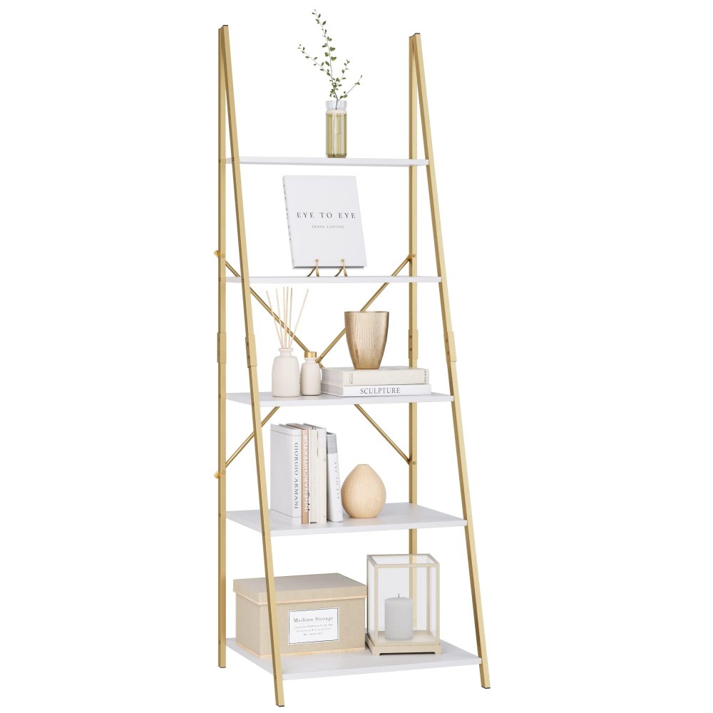 Finetones 5 Tier Ladder Shelf, Free Standing Gold Book Shelf Display Bookcase, Storage Organizer Unit Flower Stand Plant Rack For Living Room