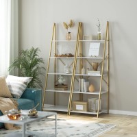 Finetones 5 Tier Ladder Shelf, Free Standing Gold Book Shelf Display Bookcase, Storage Organizer Unit Flower Stand Plant Rack For Living Room