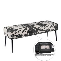 Duhome Velvet Bench Ottoman, Upholstered Bedroom Benches Cow Print End Of Bed Bench With Black Metal Base For Entryway Dining Room Living Room Bedroom, Black