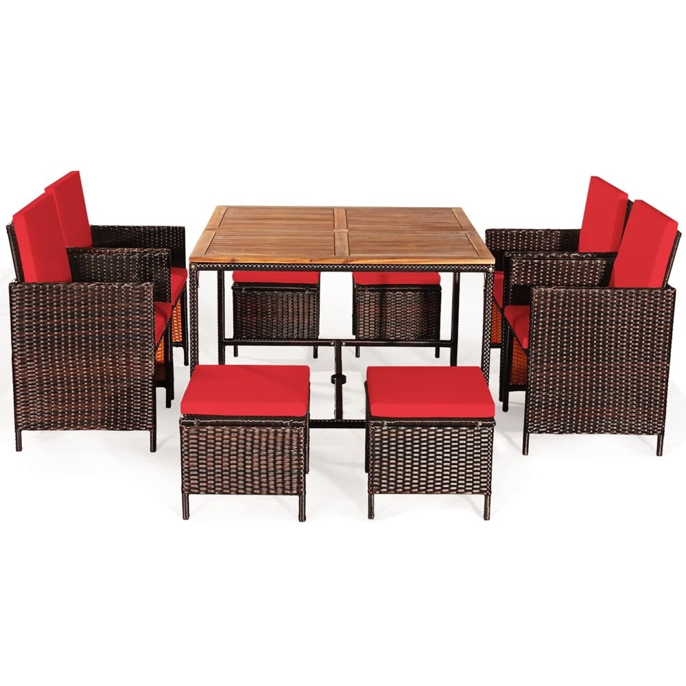 Dortala 9 Pieces Rattan Wicker Patio Dining Set, Space-Saving Porch Sets With Solid Wood Table Top, Removable Cushions, 4 Chairs, 4 Ottomans, Outdoor Wicker Conversation Sets, Red