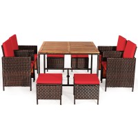 Dortala 9 Pieces Rattan Wicker Patio Dining Set, Space-Saving Porch Sets With Solid Wood Table Top, Removable Cushions, 4 Chairs, 4 Ottomans, Outdoor Wicker Conversation Sets, Red