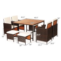Dortala 9 Pieces Rattan Wicker Patio Dining Set, Space-Saving Porch Sets With Solid Wood Table Top, Removable Cushions, 4 Chairs, 4 Ottomans, Outdoor Wicker Conversation Sets, White