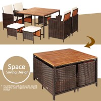 Dortala 9 Pieces Rattan Wicker Patio Dining Set, Space-Saving Porch Sets With Solid Wood Table Top, Removable Cushions, 4 Chairs, 4 Ottomans, Outdoor Wicker Conversation Sets, White