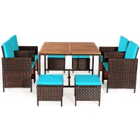 Dortala 9 Pieces Rattan Wicker Patio Dining Set, Space-Saving Porch Sets With Solid Wood Table Top, Removable Cushions, 4 Chairs, 4 Ottomans, Outdoor Wicker Conversation Sets, Turquoise