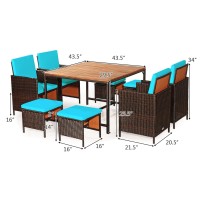 Dortala 9 Pieces Rattan Wicker Patio Dining Set, Space-Saving Porch Sets With Solid Wood Table Top, Removable Cushions, 4 Chairs, 4 Ottomans, Outdoor Wicker Conversation Sets, Turquoise