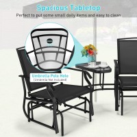 Giantex Outdoor Glider Chairs With Table & Umbrella Hole, Patio 2-Seat Rocking Chair Outside Loveseat Swing W/Breathable Fabric For Garden, Backyard, Poolside, Lawn Metal Glider Bench(Dark)