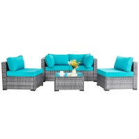 Shintenchi 5 Pieces Outdoor Patio Sectional Sofa Couch, Silver Gray Pe Wicker Furniture Conversation Sets With Washable Cushions & Glass Coffee Table For Garden, Poolside, Backyard (Blue)