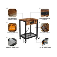 Tc-Homeny End Table With Charging Station & Usb Ports, Side Table With Wheels & Storage Shelf Nightstand For Living Room Bedroom