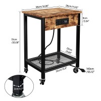 Tc-Homeny End Table With Charging Station & Usb Ports, Side Table With Wheels & Storage Shelf Nightstand For Living Room Bedroom