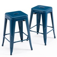 Vogue Furniture Direct 24 Inch Metal Bar Stools, Backless Counter Height Barstools, Indoor Outdoor Stackable Stools With Square Seat, Set Of 2 (Deep Blue)