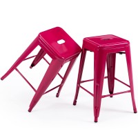 Vogue Furniture Direct 24 Inch Metal Bar Stools, Backless Counter Height Barstools, Indoor Outdoor Stackable Stools With Square Seat, Set Of 2 (Hot Pink)