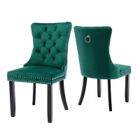 Virabit Upholstered Dining Chairs Set Of 2, Green Velvet Dining Chairs With Nailhead Back And Ring Pull Trim, Tufted Dining Chairs For Kitchen/Bedroom/Dining Room