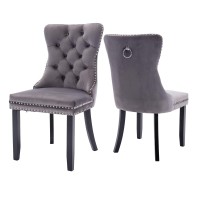 Virabit Tufted Dining Chairs Set Of 2, Velvet Upholstered Dining Chairs With Nailhead Back And Ring Pull Trim, Solid Wood Dining Chairs For Kitchen/Bedroom/Dining Room (Grey)