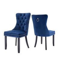 Virabit Blue Dining Chairs Set Of 2, Velvet Tufted Dining Chairs With Nailhead Back And Ring Pull Trim, Upholstered Dining Chairs For Kitchen/Bedroom/Dining Room