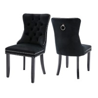 Virabit Tufted Set Of 2 Black Dining Chairs With Nailhead Back And Ring Pull Trim, Velvet Upholstered Dining Chairs For Kitchen/Bedroom/Dining Room