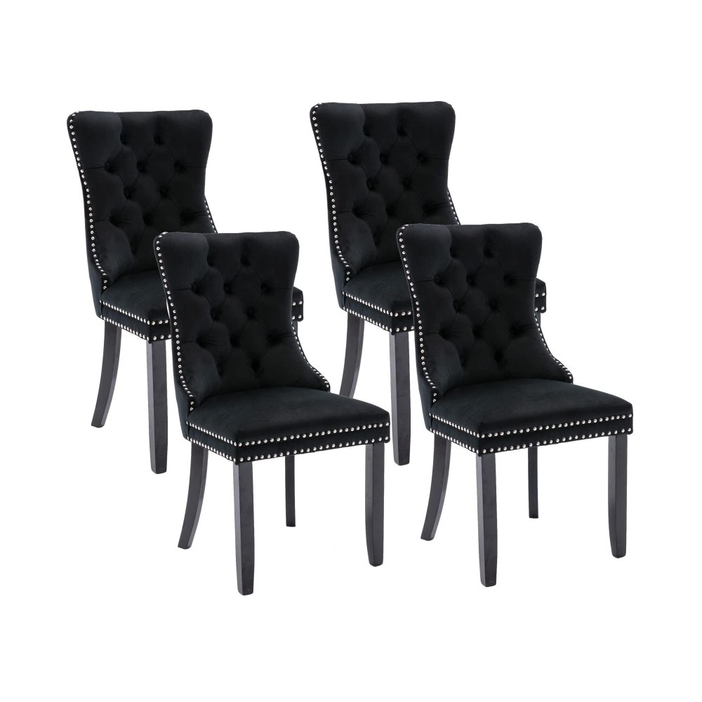 Virabit Tufted Dining Chairs Set Of 4, Black Dining Chairs With Nailhead Back And Ring Pull Trim, Velvet Upholstered Dining Chairs For Kitchen/Bedroom/Dining Room