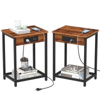 Nightstand Set Of 2 With Charging Station And Usb Ports 2-Tier Side End Table With Storage Shelves Bedside Record Player Stand For Bedroom Living Room Farmhouse Study, Industrial Brown And Black