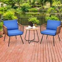 Tangkula 3 Pieces Patio Bistro Set, Outdoor Conversation Chair Set with Coffee Table, Modern Furniture Set with Soft Cushions, Suitable for Porch Backyard Garden Poolside (Navy Blue)