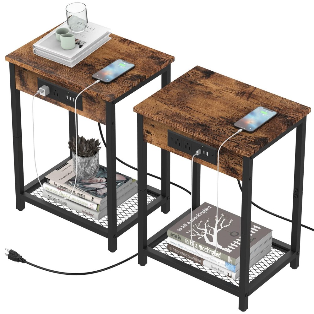 Caduke Nightstand Set Of 2, Bedside Table With Charging Station For Bedroom, Industrial Side End Table With Usb Ports And Power Outlets For Farmhouse