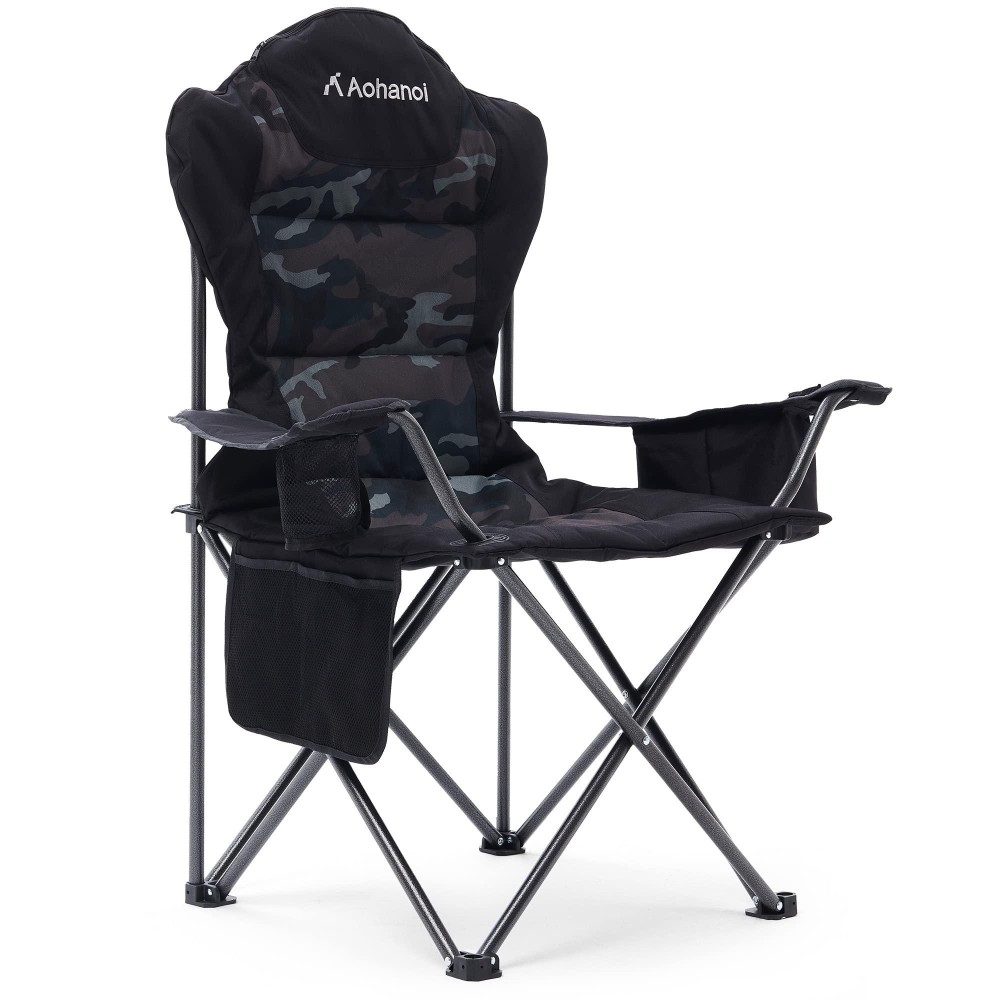 Aohanoi Camping Chairs For Heavy People, Folding Chairs For Outside Outdoor Folding Chairs With Cup Holder & Cooler Bag, Camp Chairs Supports Up To 300Lbs (1 Pc, Camo)