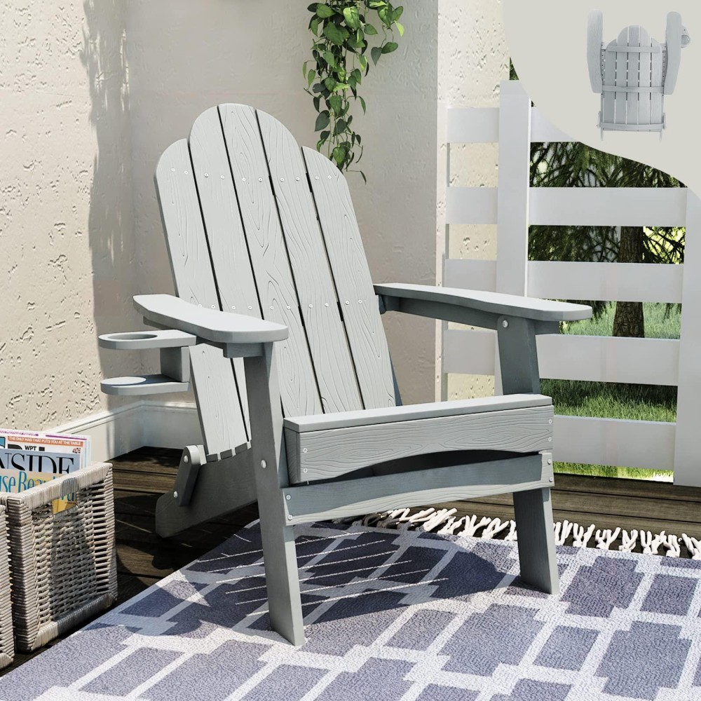 Lue Bona Folding Adirondack Chair Gray Hdps Fire Pit Patio Chairs Weather Resistant Modern Plastic Outdoor Chairs With Cup Hol