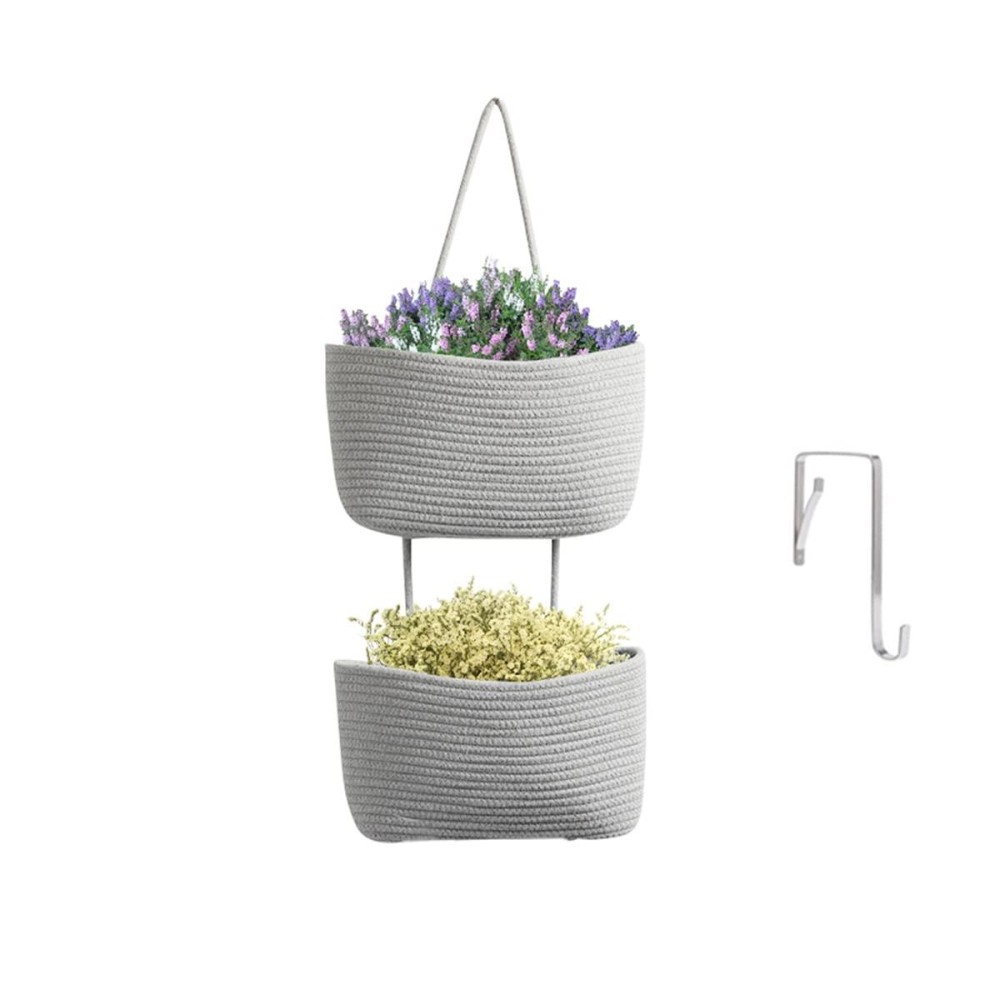 Teokj 2 Tier Over The Door Organizer, Wall-Mounted Storage Hanging Basket, Decorative Cotton Rope Hanging Baskets, Gray
