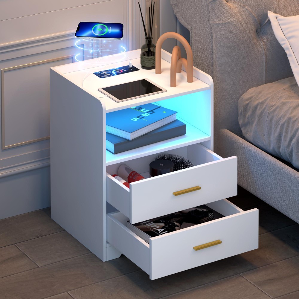 Dnbss White Led Nightstand With Charging Station And 24-Color Rgb Lights Nightstand,Smart Bedside Table, Bed Side Table/Night Stand For Bedroom, Night Stand Bedside Table