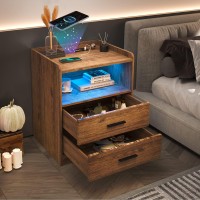 Dnbss Led Nightstand With Charging Station, Smart Bedside Table With 24-Color Rgb Led Lights, Charging Nightstand For Bedroom, Modern Nightstand Brown