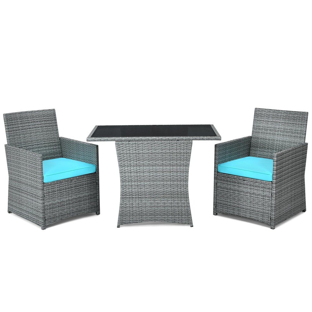 Dortala 3 Pieces Patio Rattan Furniture Set, Outdoor Wicker Conversation Set With Sponge And Coffee Table, Cushioned Dining Bistro Chair Set For Garden Backyard Pool, Turquoise