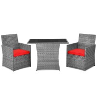 Dortala 3 Pieces Patio Rattan Furniture Set, Outdoor Wicker Conversation Set With Sponge And Coffee Table, Cushioned Dining Bistro Chair Set For Garden Lawn Backyard Pool, Red