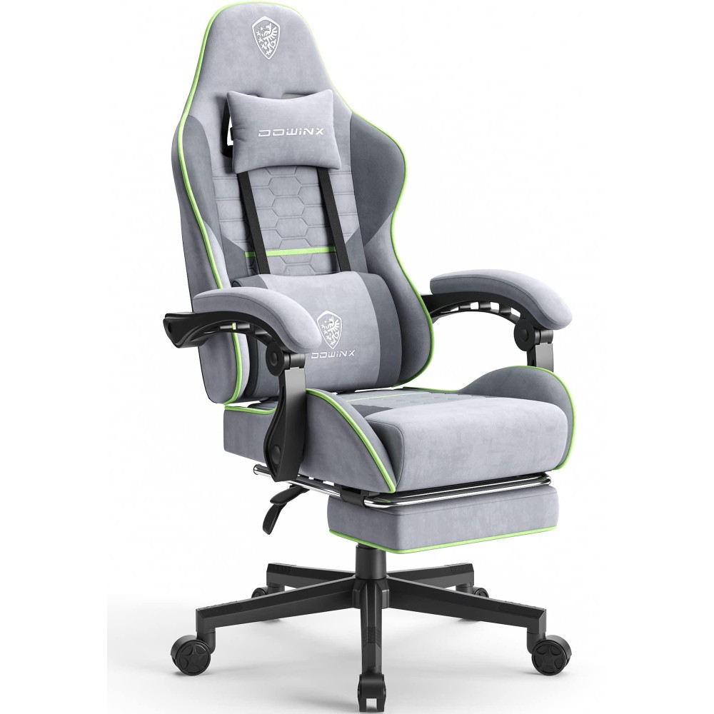 Dowinx Gaming Chair Fabric With Pocket Spring Cushion, Massage Game Chair Cloth With Headrest, Ergonomic Computer Chair With Footrest 290Lbs, Light Grey