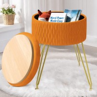 Gerant Velvet Storage Ottoman Vanity Stools - Multifunctional Upholstered Pleated Round Footrest With Golden Metal Legs,Removable Coffee Table Top Cover,Suitable For Living Room(Tangerine)