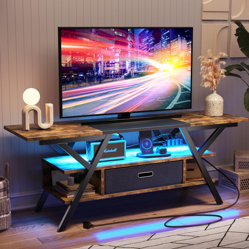 Bestier Led Entertainment Center With Power Outlets Gaming Tv Stand For Tv Up To 65 Inch 55?Tv Game Console For Living Room Bedroom Removable Drawer 20 Dynamic Rgb Modes, Rustic Brown