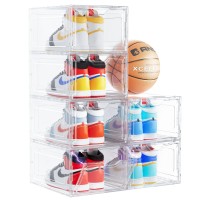 Delamu Large Sturdy Shoe Organizer 6 Pack Plastic Shoe Storage Boxes With Magnetic Door Clear Shoe Boxes Stackable For Closet