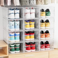 Delamu Large Sturdy Shoe Organizer 6 Pack Plastic Shoe Storage Boxes With Magnetic Door Clear Shoe Boxes Stackable For Closet