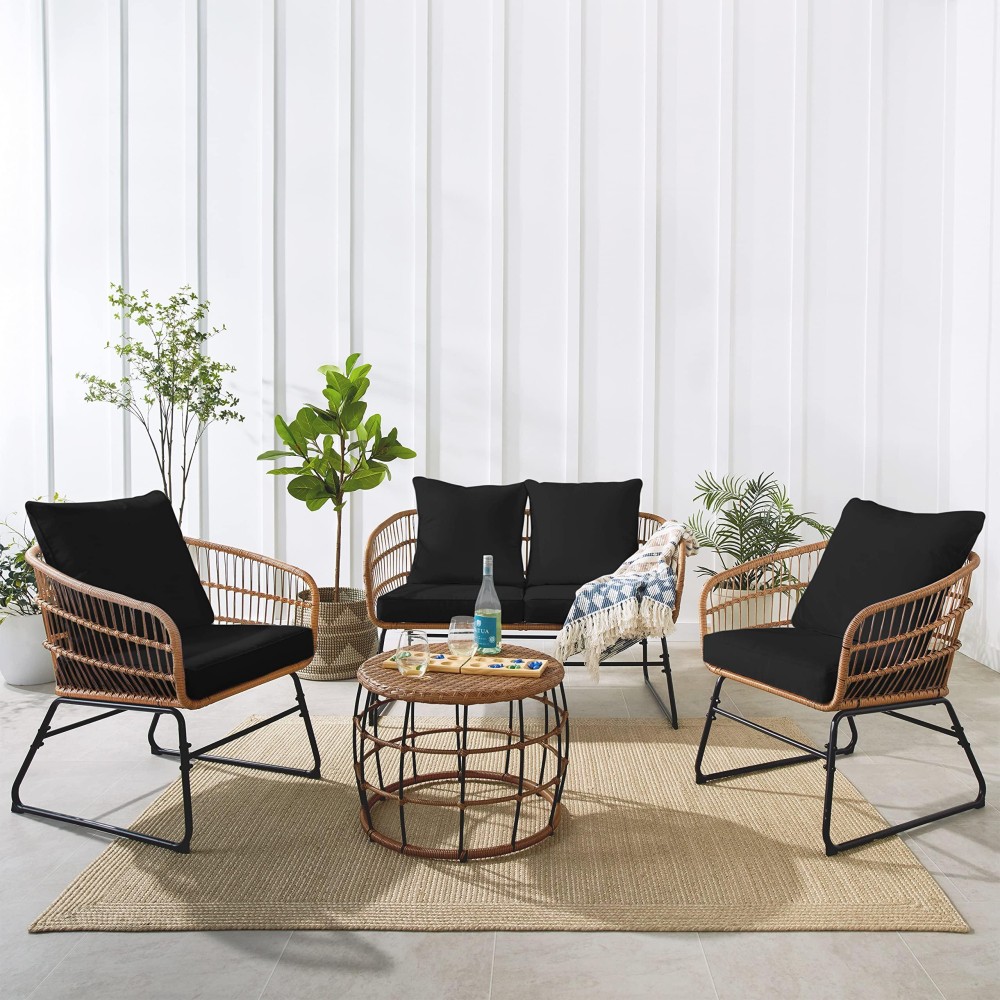 Best Choice Products 4-Piece Outdoor Rope Wicker Patio Conversation Set, Modern Contemporary Furniture For Backyard, Balcony, Porch Wloveseat, Plush Cushions, Coffee Table, Steel Frame - Black