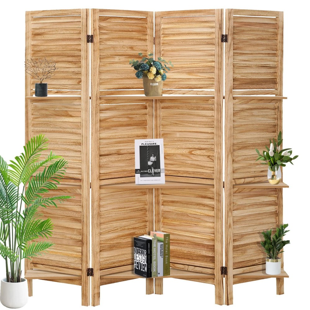 Babion Room Divider With Shelves, 5.6Ft Room Dividers 4 Panel, Wood Room Dividers And Folding Privacy Screens, Portable Room Divider Screen, Room Dividers Wall For Home Office, Bedroom, Natural Color