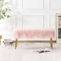 Charmaid Vanity Stool For Makeup Room, Faux Fur Ottoman With Golden Metal Legs, Upholstered Entryway Shoe Bench End Of Bed, Plush Fluffy Foot Rest Bedroom Living Room (Pink, 36'' X 14'' X 18'')