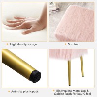 Charmaid Vanity Stool For Makeup Room, Faux Fur Ottoman With Golden Metal Legs, Upholstered Entryway Shoe Bench End Of Bed, Plush Fluffy Foot Rest Bedroom Living Room (Pink, 36'' X 14'' X 18'')