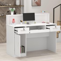 Ecacad Reception Desk With Light, Display Shelf & Lockable Drawers, Office Desk Reception Counter Table With Keyboard Tray And Door, White (47.2?? X 19.7?? X 39.2??)