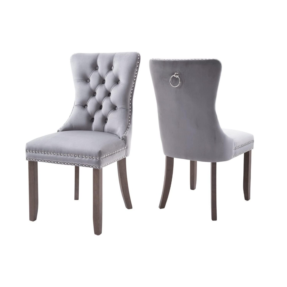 Virabit Tufted Dining Room Chairs Set Of 2, Velvet Upholstered Dining Room Chairs With Nailhead Back And Ring Pull Trim, Wood Dining Chairs For Kitchen/Bedroom/Dining Room (Light Grey)