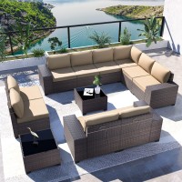Kullavik Outdoor Patio Furniture Set 12 Pieces Sectional Rattan Sofa Set Brown Pe Rattan Wicker Patio Conversation Set With 10 Sand Seat Cushions And 2 Tempered Glass Table