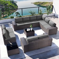 Kullavik Outdoor Patio Furniture Set 12 Pieces Sectional Rattan Sofa Set Brown Pe Rattan Wicker Patio Conversation Set With 10 Grey Seat Cushions And 2 Tempered Glass Table