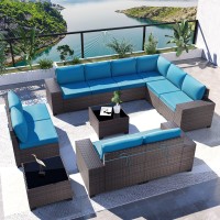 Kullavik Outdoor Patio Furniture Set 12 Pieces Sectional Rattan Sofa Set Brown Pe Rattan Wicker Patio Conversation Set With 10 Blue Seat Cushions And 2 Tempered Glass Table