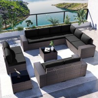 Kullavik Outdoor Patio Furniture Set 12 Pieces Sectional Rattan Sofa Set Brown Pe Rattan Wicker Patio Conversation Set With 10 Black Seat Cushions And 2 Tempered Glass Table